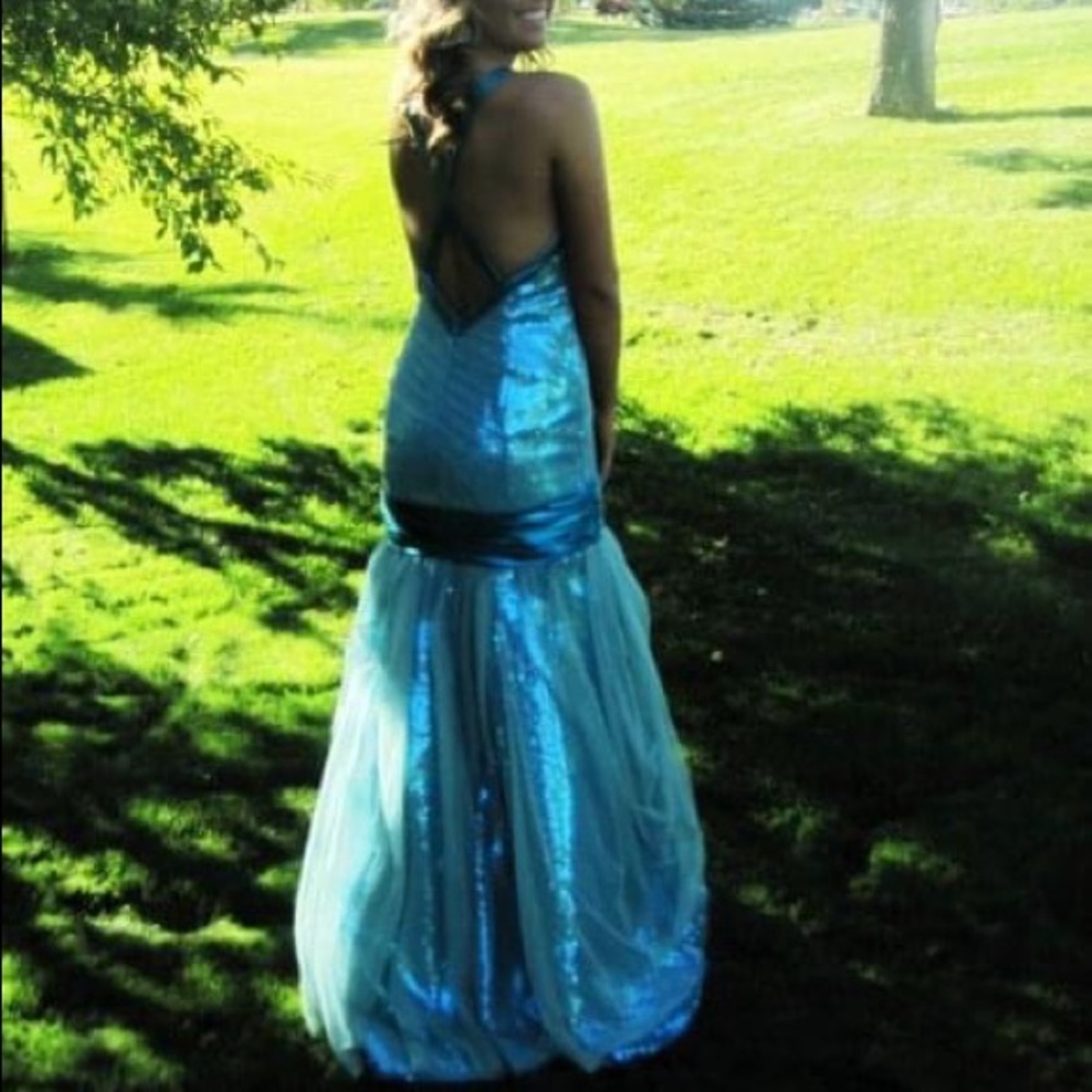 Aqua Sequin Mermaid Cross Back Prom Dress by Glitz